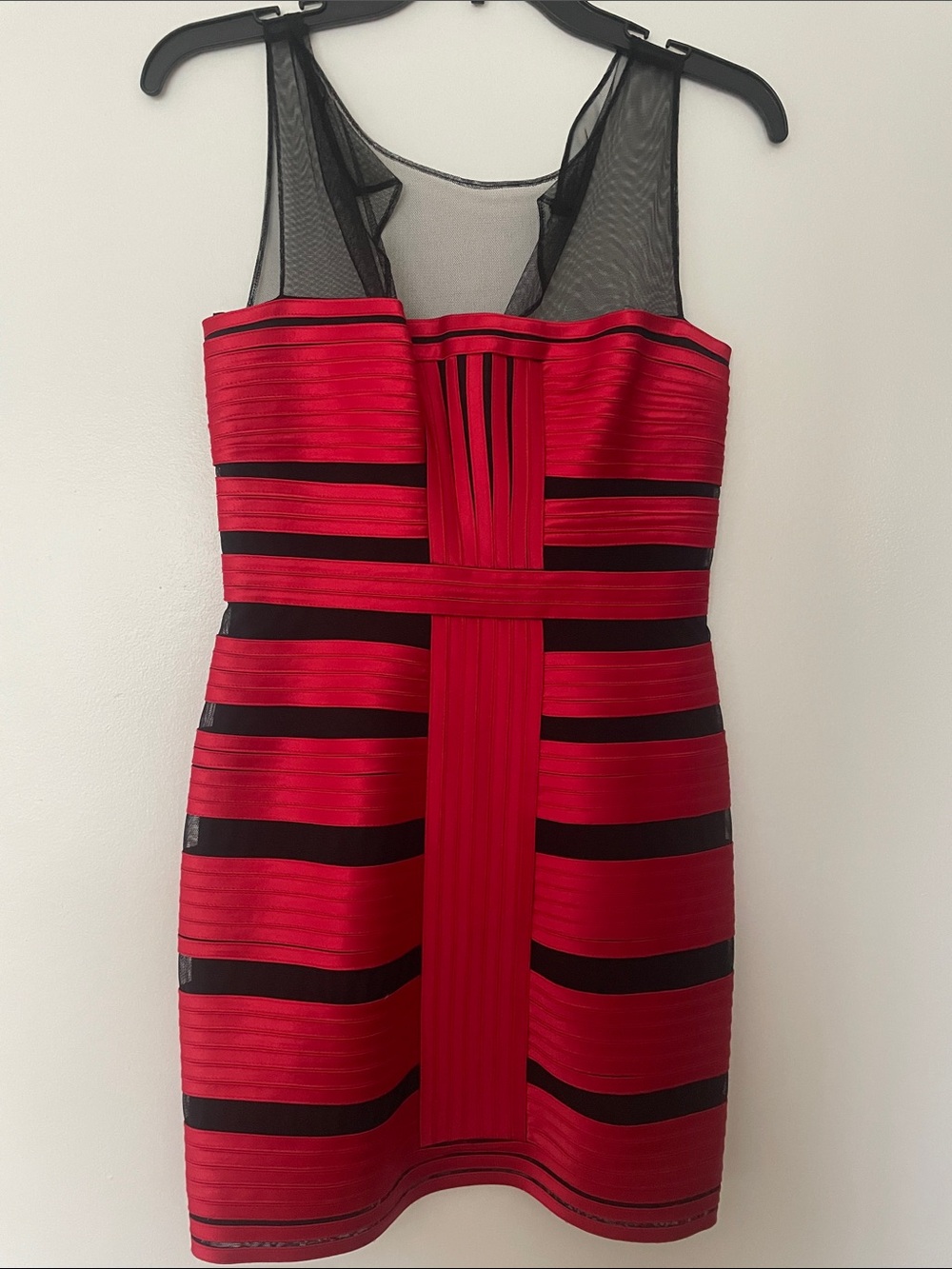 BCBGMaxAzria Red and Black Mesh-Inset Bandage Mini Dress